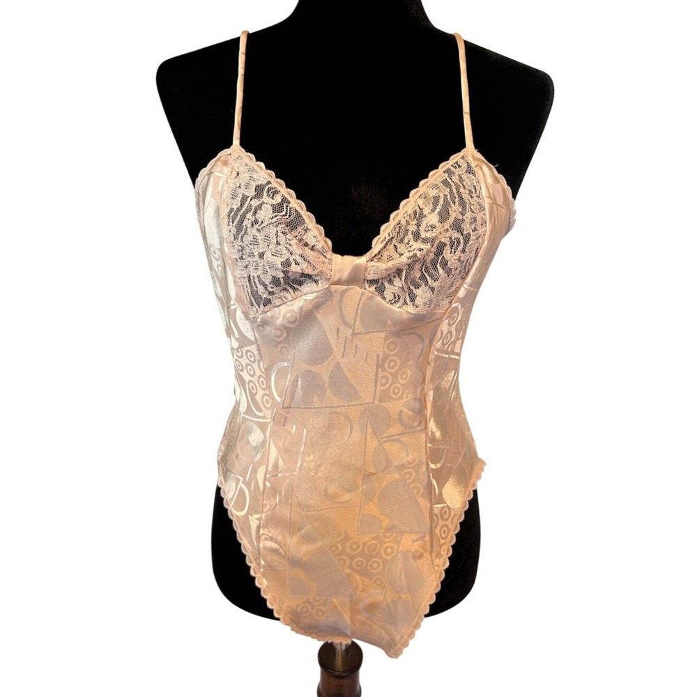 NWOT Delicates Champagne Lace-Trim Polyester Satin Chemise Bodysuit Size M